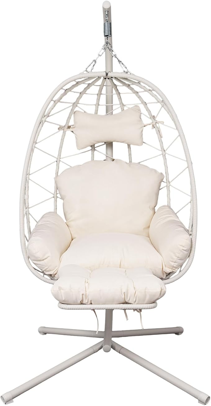 Hanging Egg Chair with Stand Outdoor Indoor Patio Rattan Swing Hammock Chairs with Washable Cushion PE Wicker Swing Chair for Backyard Bedroom Garden (White + White Cushion with Footrest)