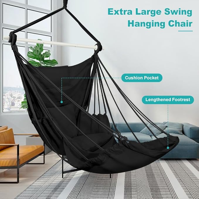 Outerman Hammock Chair Hanging Chair with 3 Cushions and Foot Rest Support Sturdy Metal Spreader Bar Max 500Lbs Swing Chair for Bedroom Indoor &amp Outdoor Patio Porch or Tree（Black）…