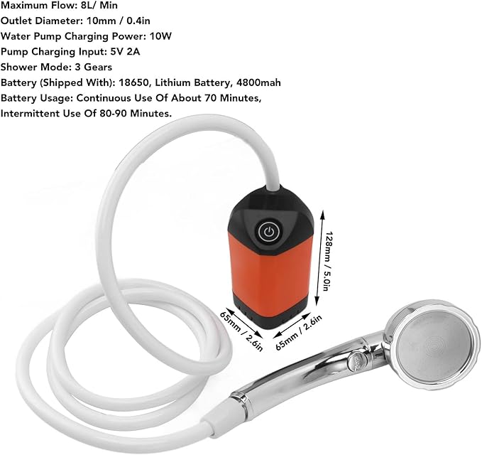 Rechargeable Portable Camping Shower 3 Speed Outdoor Shower Pump(Orange)
