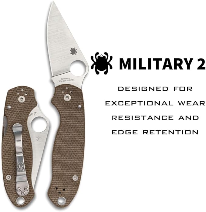 Spyderco Military 2 Folding Pocket Knife with 4 CPM Cru-Wear Steel Blade and Micarta Handle - EDC Knife for Men and Women Perfect for Hunting Tactical Camping Survival - PlainEdge - C36GP2