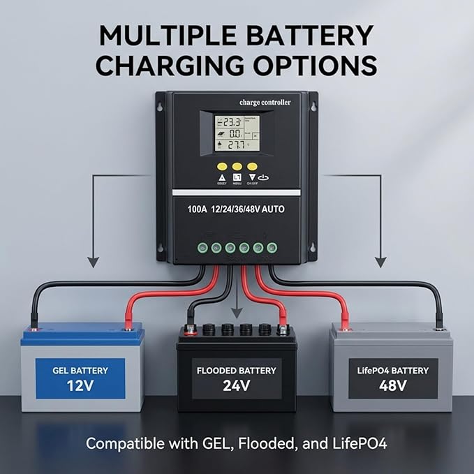 MPPT Solar Charger Controller USB Port with Backlit LCD Display Solar Panel Regulator 12V 24V 36V 48V Adaptive 100A Intelligent Solar Charger Regulator Controller