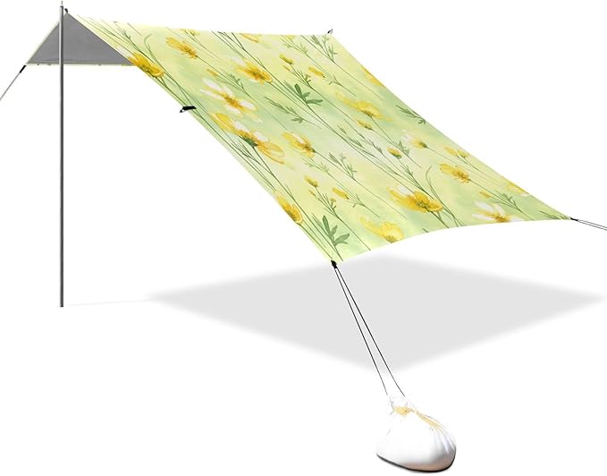 xigua Yellow Flowers Beach Tent Sun Shelter with Carrying Bag - Silver Coated Oxford Fabric Beach Canopy for Beach Camping Fishing - Includes Windproof Ropes Sandbags &amp Stakes