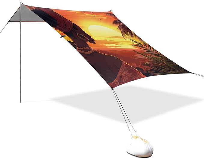 ALAZA Cartoon Beautiful African Woman Sunset Palm Tree Beach Tent Sun Shelter Portable Canopy Sunshade for Outdoor Camping Picnics Backyard Fun 10x9 ft