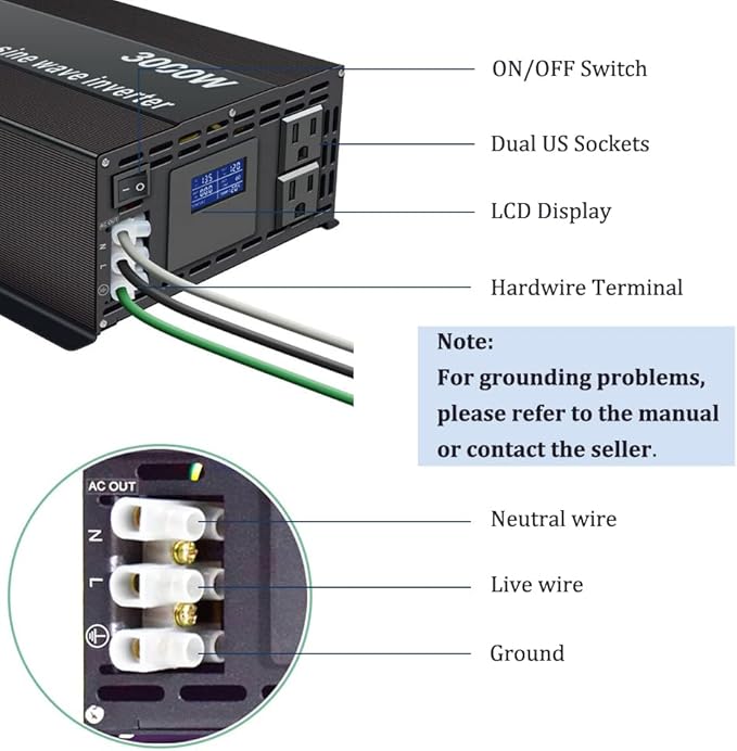 WZRELB Pure Sine Wave Inverter 3000W 12VDC to 120VAC Solar Power Peak 6000W Converter Truck RV Home LCD Display Black (LN300012)