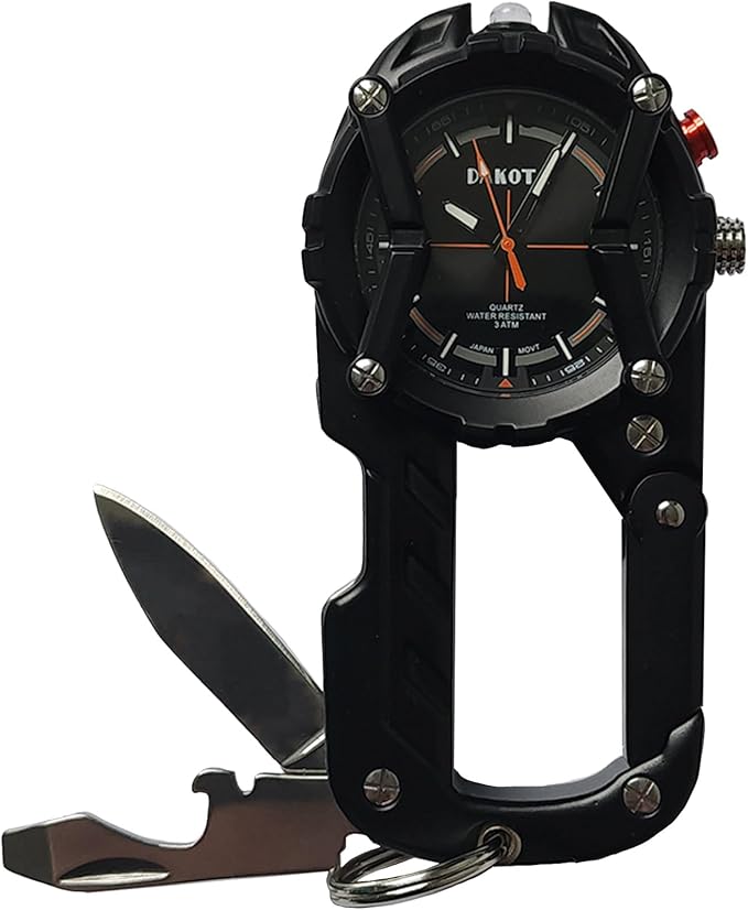Multitool Clip Watch for Men – Black | 100ft Water Resistant Clip-On Watch with LED Light Bottle Opener Screwdriver &amp Carabiner – Outdoor Work Camping Hiking Tool