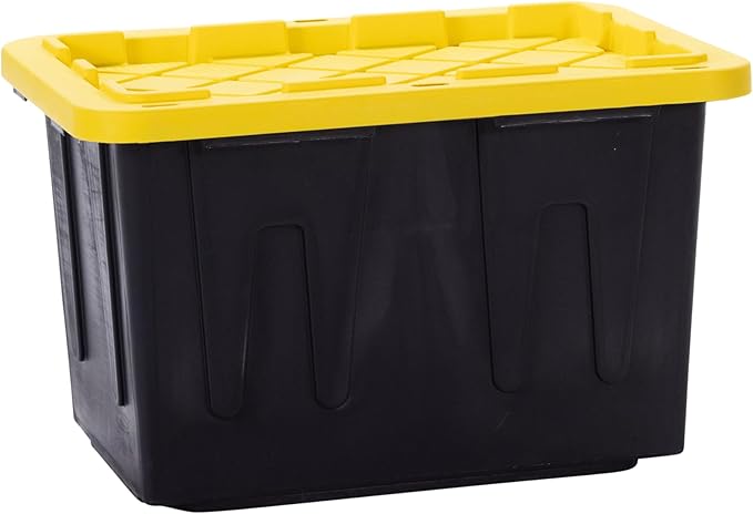 Plastic 23-Gallon Storage Tote with Lockable Lid Stackable Tough Regular-Duty Bin for Garage Tools and Home Organization (2-Pack) - Black and Yellow