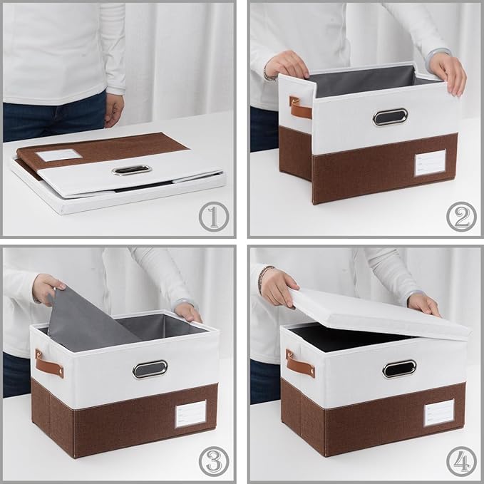 PRANDOM Foldable Storage Bins with Lids [3-Pack] Fabric Collapsible Storage Boxes Baskets Cubes Containers with Handles for Closet Living Room Bedroom (Brown &amp White 14.9x9.8x9.8'')