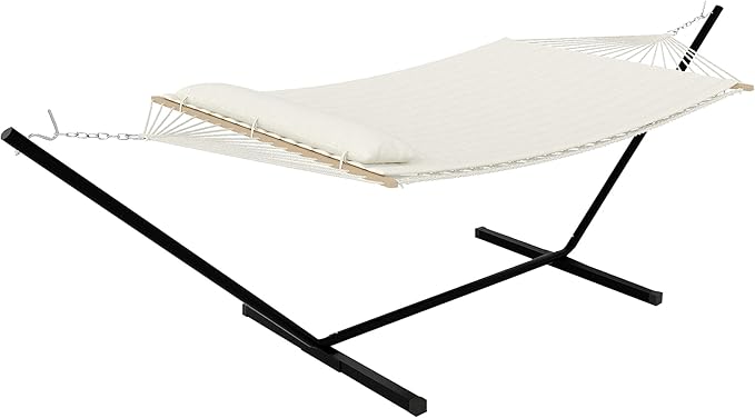 Adventure-Ready Double Hammock with Stand – 2 Person Heavys Duty 475 Lbs Capacity Breathable Cotton Rope &amp Quilted Pad for Camping Backyard or Indoors (Beige)