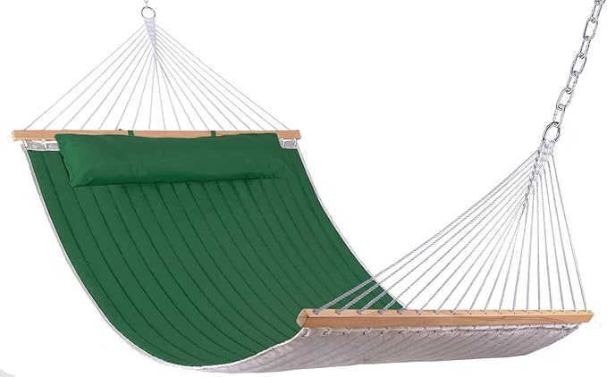 Lazy Daze Hammocks 12 FT Double Quilted Fabric Hammock with Spreader Bar and Detachable Pillow 2 Person Hammock for Outdoor Patio Backyard Poolside 450 LBS Weight Capacity Dark Green
