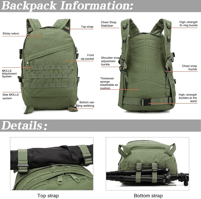 LIMHOO Camo Backpack 40L Military Tactical Backpack Hiking Trekking Rucksack with USA Flag Patch (Army Green)