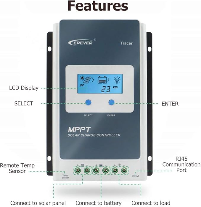 EPEVER 30A MPPT Solar Charge Controller 12/24V DC Tracer-an Series Charge Controller with MT52 Remote Meter &ampTemperature Sensor &ampRS485 Cable fit for Lithium Sealed AGM Battery Negative Groun