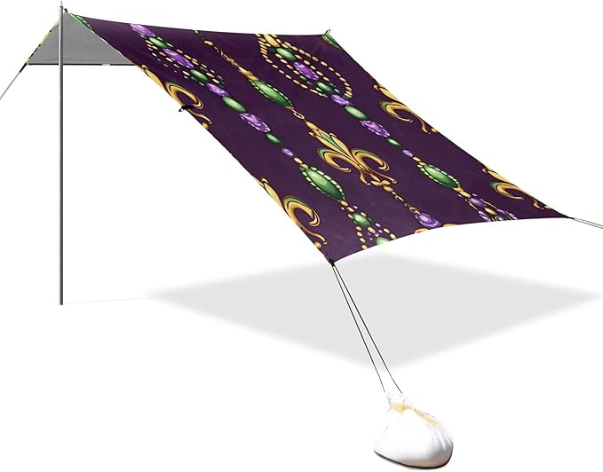 Mardi Gras Beach Canopy Sun Shelter with Sandbags &amp Sand Shovel &amp Windproof Ropes - Portable 110x126 Beach Shade Beach Tent for Camping Picnics