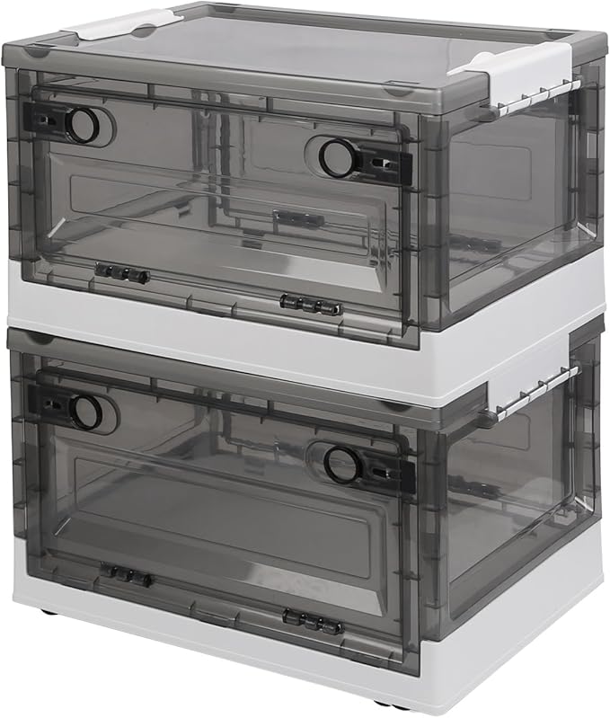 2-Pack Foldable Storage Bins with Double Doors and Wheels Stackable Box