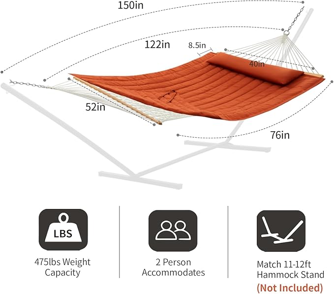 CHULIM Outdoor Double Hammock with Hardwood Spreader Bars Large Rope Hammock with Polyester Pad and Pillow 475 LBS Capacity for 2 Person Patio Backyard Poolside - Terracotta
