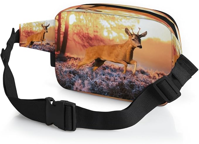 Sunset Deep Woods Elk Waterproof Fanny Pack for Women Men Adjustable Waist Bag with Double Zipper Pockets Lightweight Square Hip Pack for Running Travel Hiking Workout Cycling