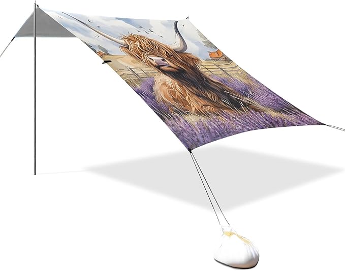 ALAZA Lavender Highland Cattle Beach Tent Sun Shelter Portable Canopy Sunshade for Outdoor Camping Picnics Backyard Fun 10x9 ft