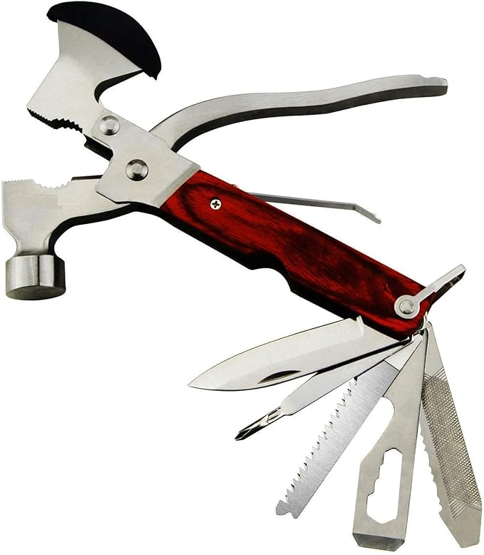 Stainless Steel 15 in 1 Multipurpose Tool Kit Portable &amp Heavy Duty Light Weight &amp Durable Emergency Pocket Multi Tool Kit Suitable as Camping Multitool (Axe Hammer &amp More) Dark Brown
