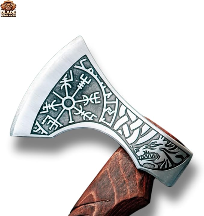 Fenrir &amp Vegvisir Camping Hatchet – Hand-Forged Tomahawk Axe with Premium Leather Sheath | Ideal for Camping Throwing &amp Outdoor Use