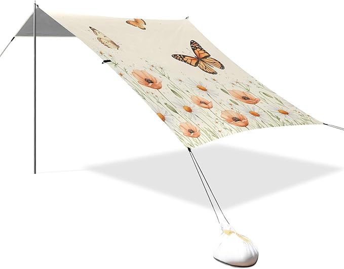 Wildflowers Beach Canopy Sun Shelter with Sandbags &amp Sand Shovel &amp Windproof Ropes - Portable 110x126 Beach Shade Beach Tent for Camping Picnics