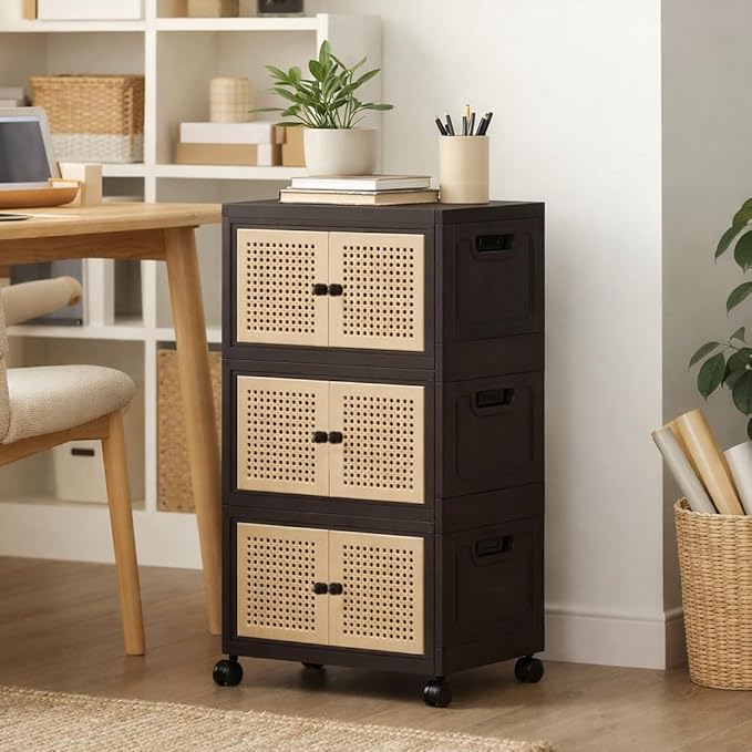 CXCJAI Foldable Plastic Storage Cabinet with Wheels Rattan-Style Doors Stackable Organizer with Magnetic DoorsStorage Boxes for Living Room Bedroom Office 3-Tier