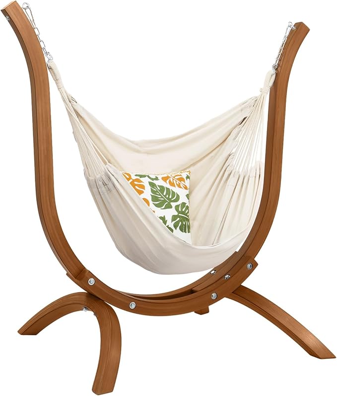 ONCLOUD Hammock Chair with Wooden Stand Curved Hanging Chair Set with Throw Pillow Portable Wooden Hammock Chair for Outdoors 330LBS (Teak)