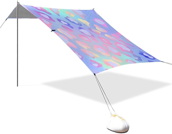 ALAZA Cheetah Print Leopard Rainbow Gradient Beach Tent Sun Shelter UPF50+ Protection Beach Shade Canopy w/ 4 Sandbags for Outdoor Camping Fishing Backyard Fun Picnic 10x9 ft