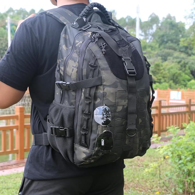 Military Tactical Backpack For Men Laser-Cut Molle Daypack 3 Day for HikingWorkingTravel (black camo)