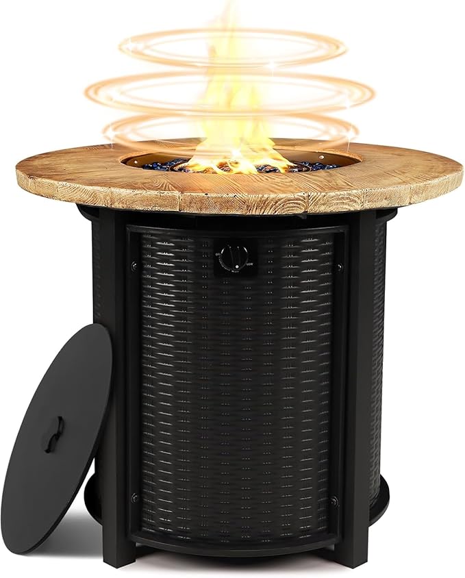30 Inch Round Propane Fire Pit Table50000 BTU Iron Gas Fire Pit with LidIgnition Systemsw/Glass Stones and Rain CoverOutdoor Firepit Table for Patio &amp Deck