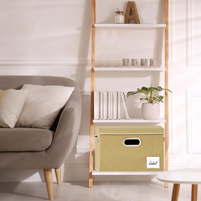 LHZK Large Storage Bins with Lids 6 Pack Foldable Linen Fabric Storage Boxes with Lids Sturdy Fabric Storage Bins with Label &amp 3 Handles for Shelves Bedroom Home Office (Beige Large)