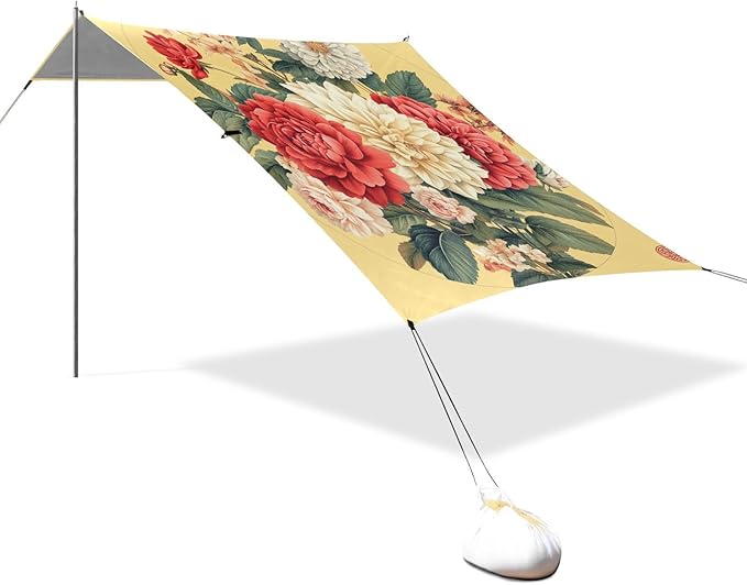 Florals Rose Dahlia Gladiolus Yellow Beach Cabana UPF50 Waterproof Large Sun Shelter Includes Sand Shovel Sandbags Stability Poles for Camping Picnics Backyard &amp Fishing