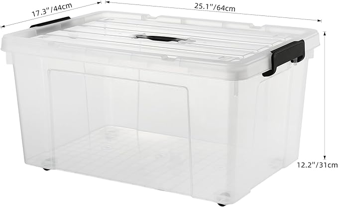 2 Packs 105 Quarts Heavy Duty Storage Bins with Lids Wheels Plastic Storage Containers - Locking Lid Stackable Clear Bins for Garage/Closet Crush-Proof Design (2 100L with Wheels)