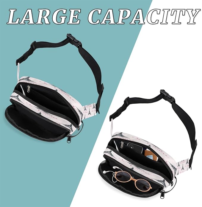 Paris Tower Waterproof Fanny Pack for Women Men Adjustable Waist Bag with Double Zipper Pockets Lightweight Square Hip Pack for Running Travel Hiking Workout Cycling