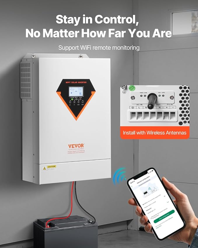VEVOR Hybrid Solar Inverter 6000W Single Phase Pure Sine Wave Power Inverter 48V DC to 220/230V AC with Built-in 120A MPPT Solar Charge Controller for Off-Grid System Lead Acid Lithium Battery