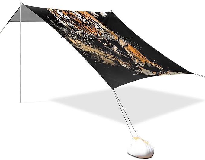 ALAZA Tiger Swooping Howling Beach Tent Sun Shelter UPF50+ Protection Beach Shade Canopy w/ 4 Sandbags for Outdoor Camping Fishing Backyard Fun Picnic 10x9 ft