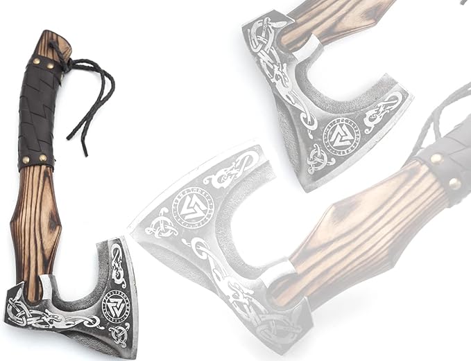 13” Inch Hand-Forged Viking Axe- Ash Wood Handle Hatchets and Axes with Leather Wrap Wood Splitting Axe Camping Axe Throwing Axes and Tomahawks - Gift for Him (Valknut)