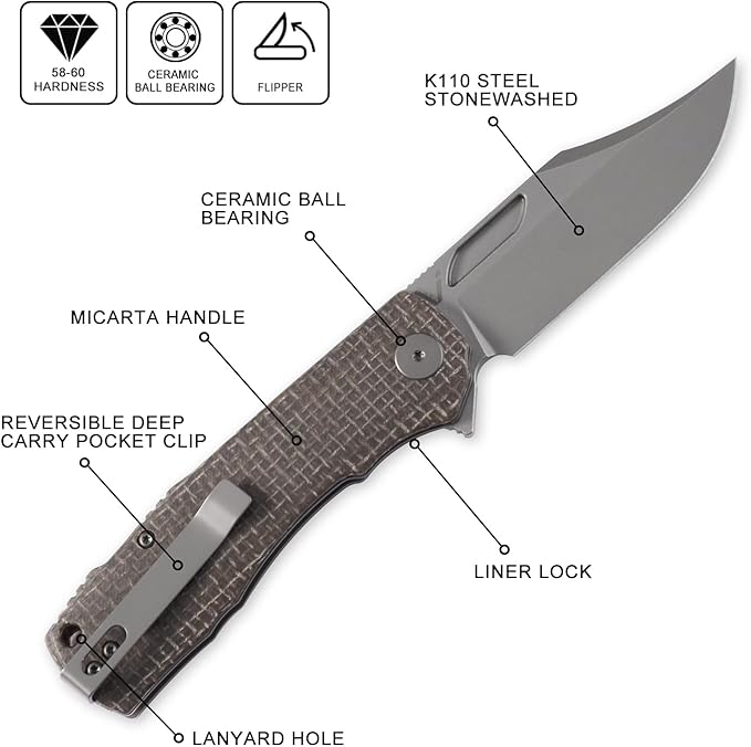 Petrified fish PFP03 Victor3.58 K110 Stonewashed Blade140g Micarta Handle Flipper Liner lock Folding knife (Brown Stonewashed)
