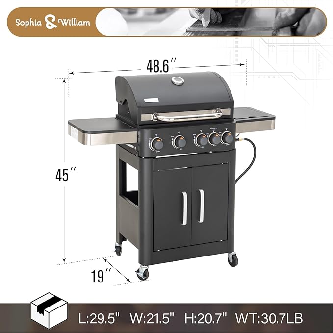 Sophia &amp William 4-Burner Gas BBQ Grill with Side Burner &amp Porcelain-Enameled Cast Iron Grates Outdoor Cooking Propane Grills Cabinet Style Garden Barbecue Grill 46700BTU Black