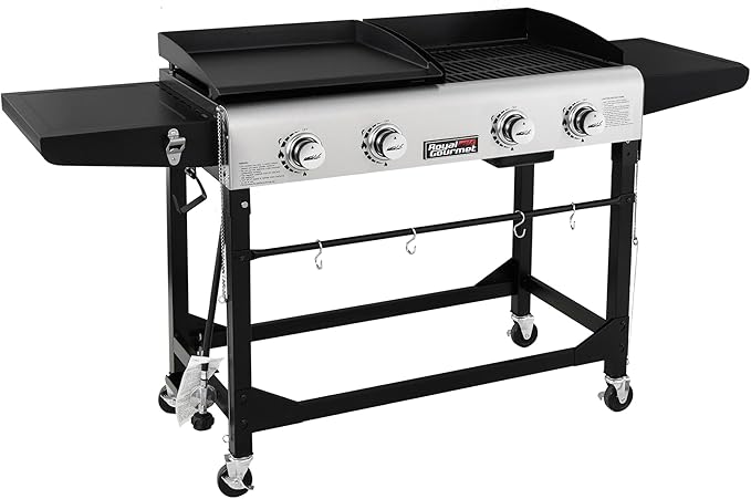 Royal Gourmet GD401 Portable Propane Gas Grill and Griddle Combo with Side Table | 4-Burner Folding LegsVersatile Outdoor | Black 66 Inch