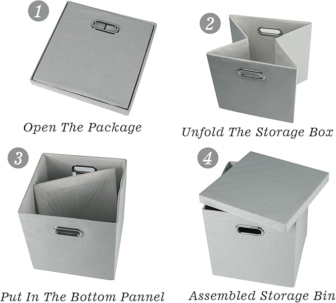 Storage Bins with Lids Collapsible Linen Fabric Boxes Organizer Containers with Lid Foldable Storage Box Basket for Closet Shelves Home Office 11 x 11 x 11.4 Inch 4 Pack Gray