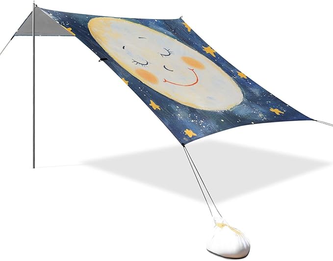 Cute Moon and Star Foldable Beach Canopy UPF50+ Easy Setup Large Portable Sun Shelter with Sand Shovel Sandbags for Camping Picnics Backyard