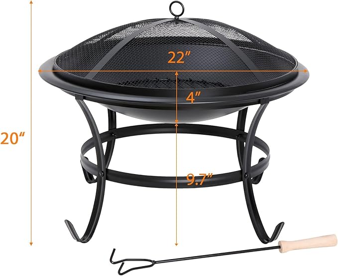 22Inches Fire Pit Outdoor Steel Wood Burning BBQ Grill Firepit Bowl Fireplace with Mesh Screen &amp Fire Poker Log Grate