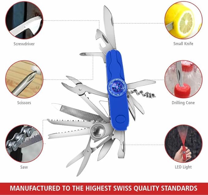 Swiss Eagle 30-in-1 Classic Pocket House Hold &amp Campaign Tool Premium Multi Tool Pocket Tool with Compass Scissor Screwdriver Plier Magnifying Glass Tweezer for Christmas Gifts - Blue