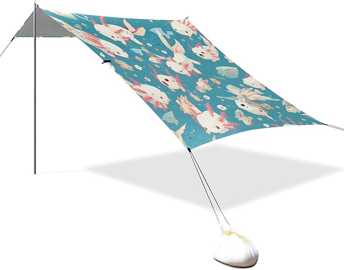 Lovely Axolotl Pattern Beach Tent UPF50+ Waterproof Shade Sun Shelter with Sandbags and Shovel for Camping Picnics Backyard