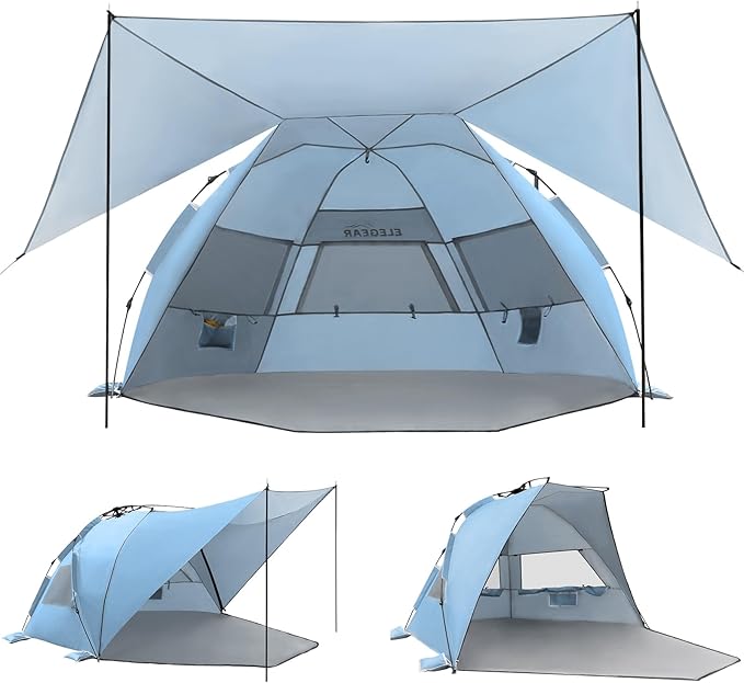Elegear CumbreX™ Beach Tent with 360° Removable Canopy 4-6 Person Pop Up Sun Shade Shelter UPF 50+ Automated Installation Double Silver Coating Portable Lightweight Beach Cabana for Beach/Outdoor