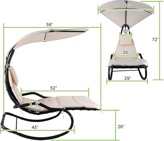 Outdoor Hammock Rocking Chaise Lounge Swing Chair with Stand and Canopy Porch Swing w/Soft Cushion Removable Headrest Outdoor Recliner Rocking Chair for Garden Backyard Poolside (Beige)
