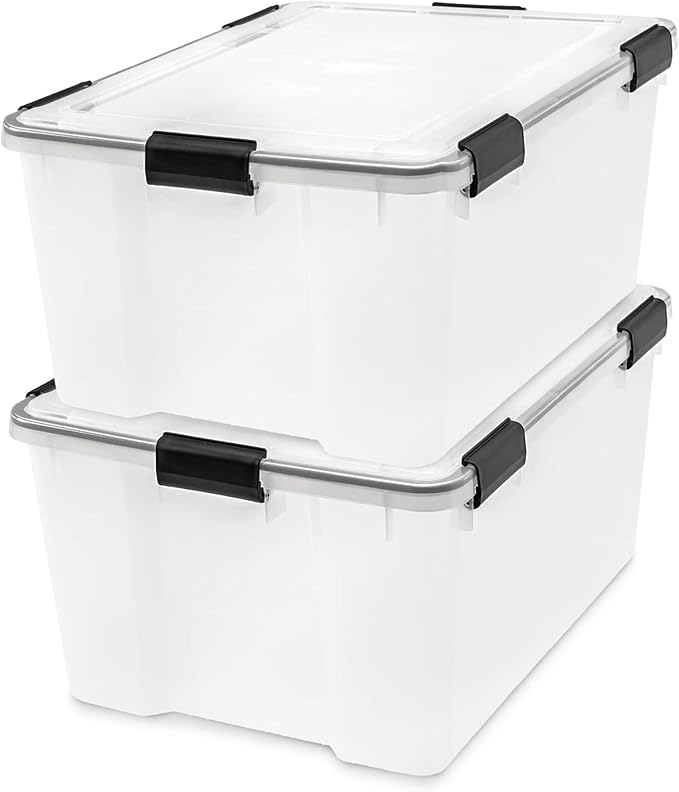 IRIS USA WeatherPro 63 Qt Storage Bins with Lids 4 Pack BPA-Free Plastic Gasket Box with Tight Latch and Seal Stackable Nestable Tote Tub - Clear/Black