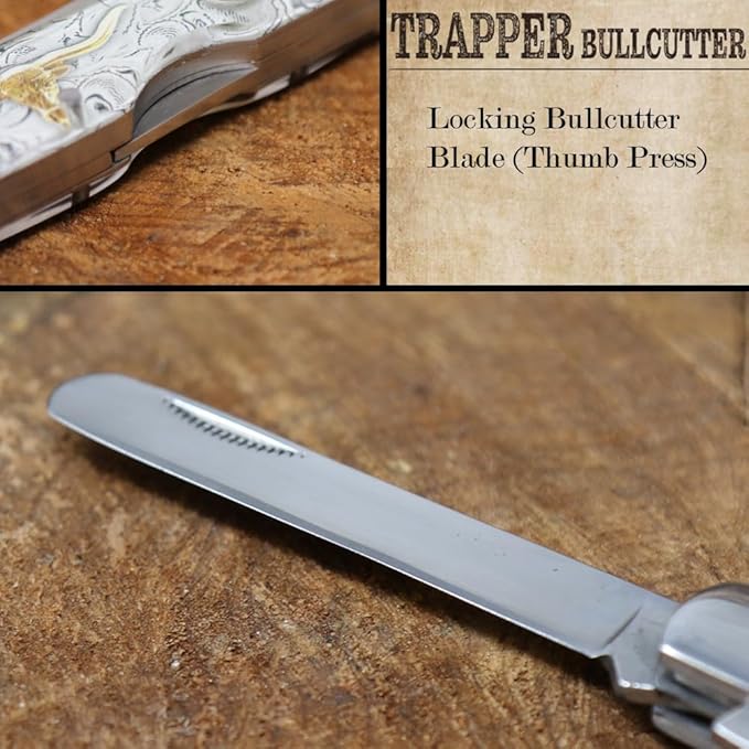 WHISKEY BENT HAT CO. Trapper &amp Locking Bullcutter Folding Pocket Knife 4.125 Closed Length 440C Stainless Steel Blades (Toro)