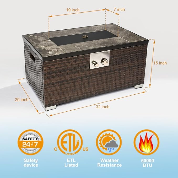 32'' Fire Pit Table with Natural Gas Conversion Kit Marble Textured Ceramic Tabletop 50000 BTU Fire Table with Brown Wicker Rectangle Tank Required to Be Kept Outside.