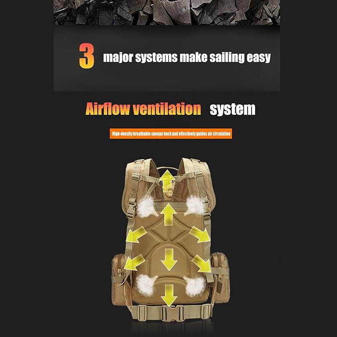 55L Tactical Backpack with Waterproof Ventilated Built Up 3 MOLLE Bags Anti Pressure Rucksacks for Travelling(Black)