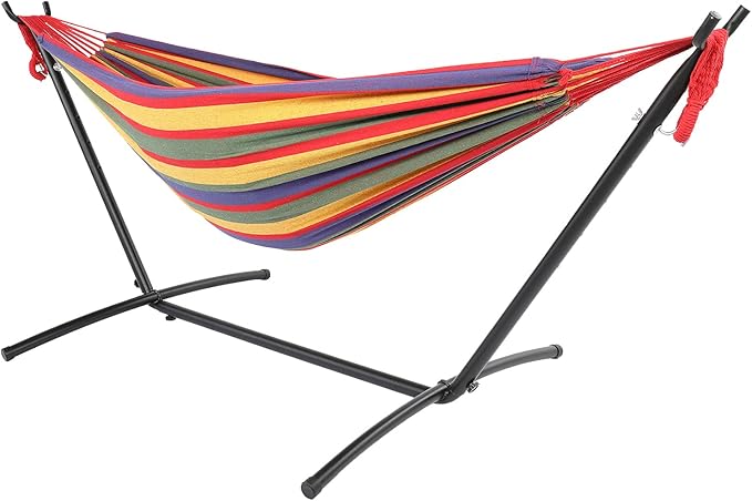 Black Steel Pipe Hammock Frame with 200X150cm Polyester Cotton Hammock Four Red Strip Natural Rope Iron Hammock Set